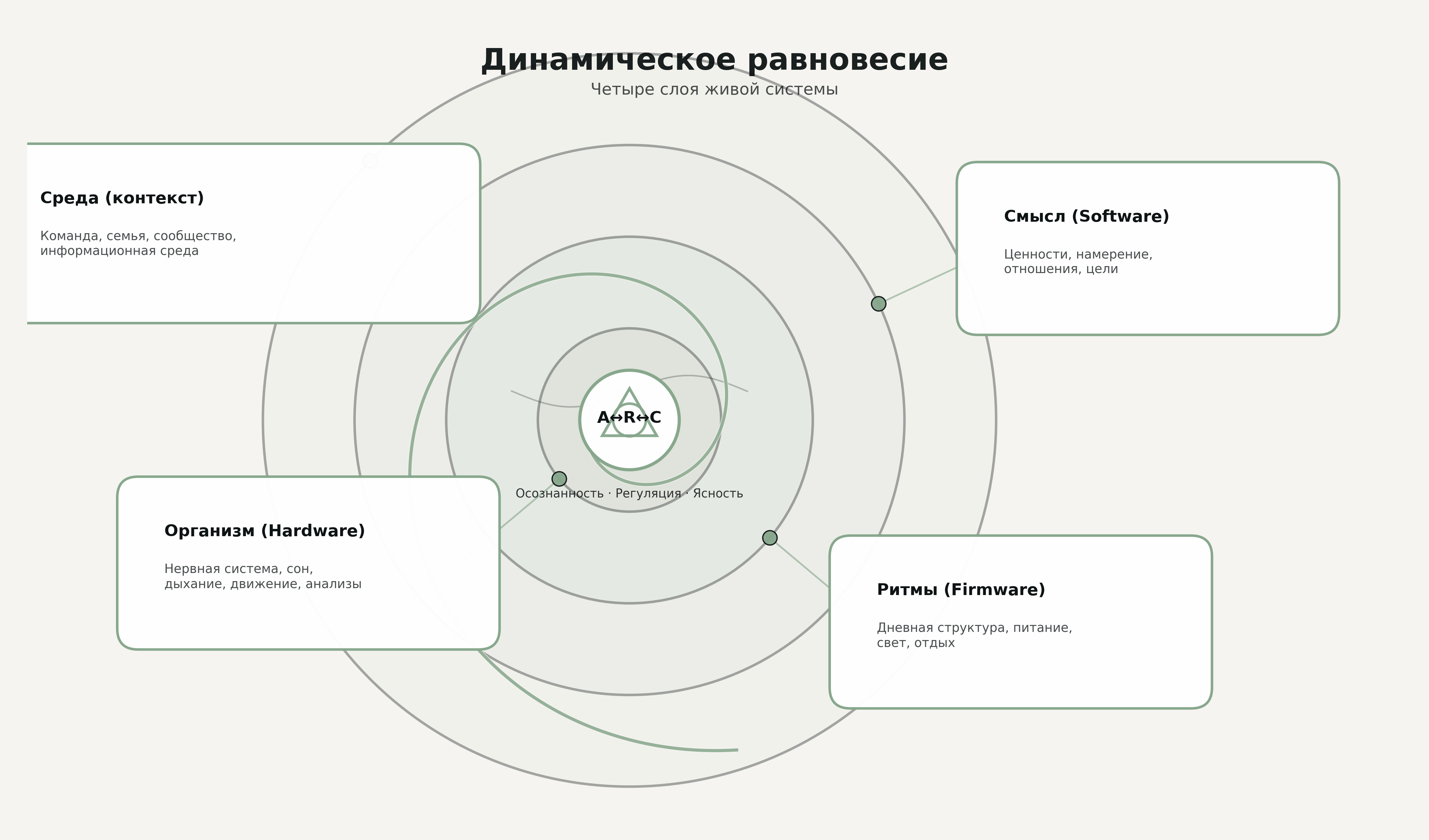 Динамическое равновесие — четырёхслойная модель: организм, ритм, смыслы, среда с центральным принципом О↔Р↔Я